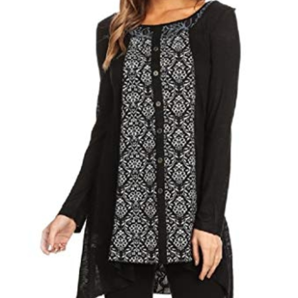 Women's Black Gray Inner Pattern Button Down Long